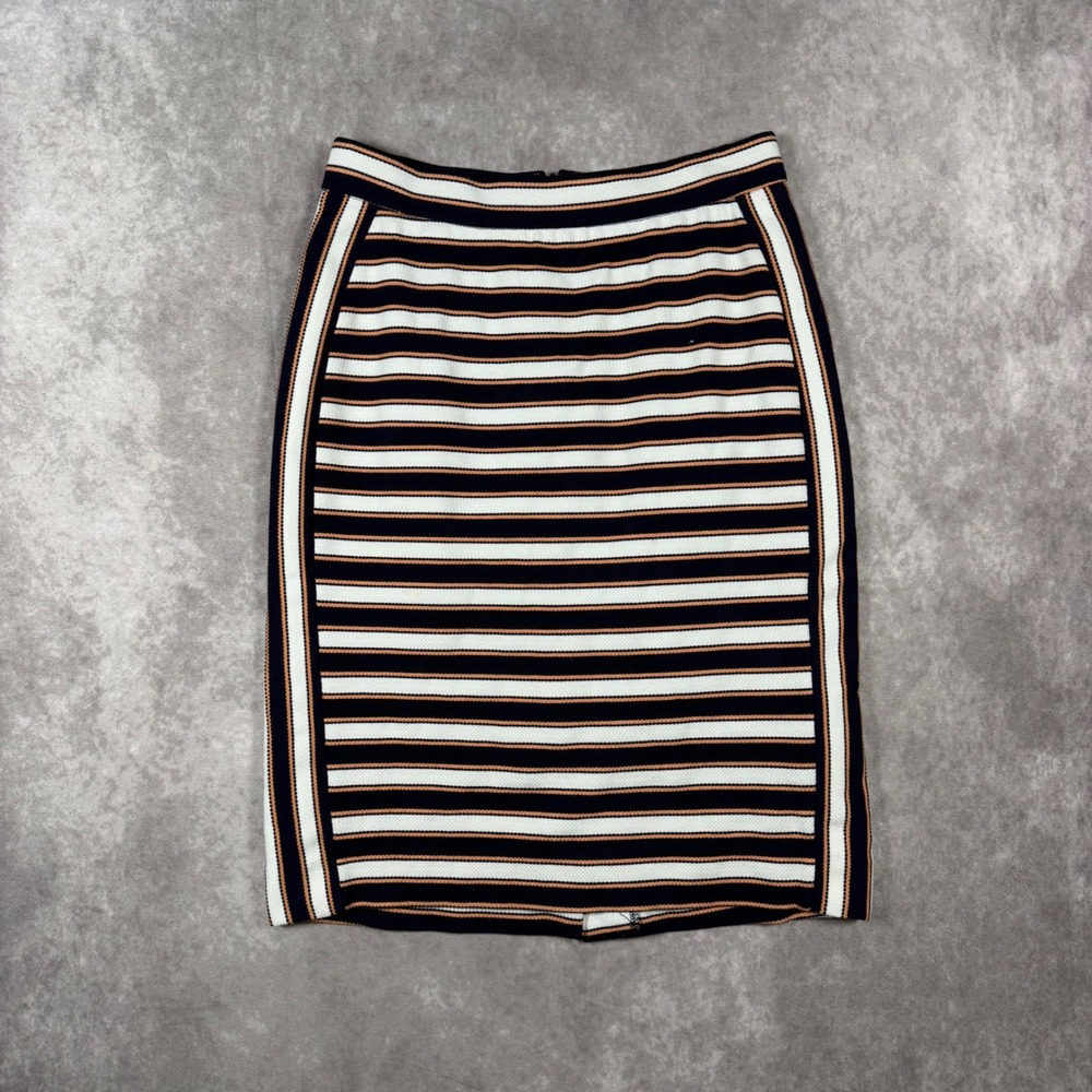Banana Republic Women 0P Petite Striped Knit Pencil Skirt Navy White Career Chic